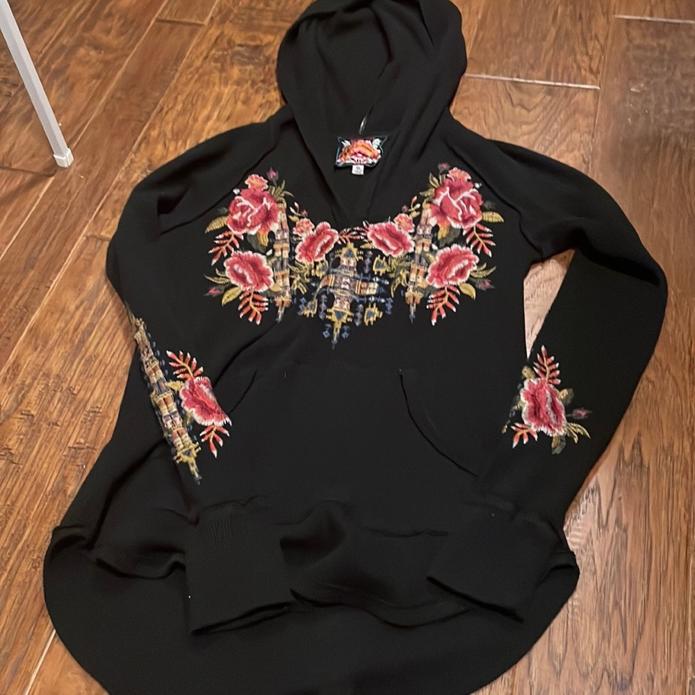 Johnny Was black thermal hoodie embroidered rose can fit small